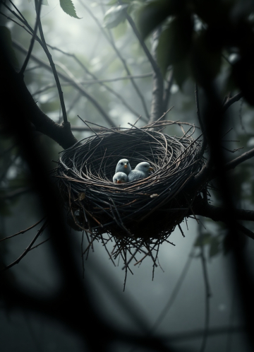 AI generated image of A birds nest, with twigs and leaves