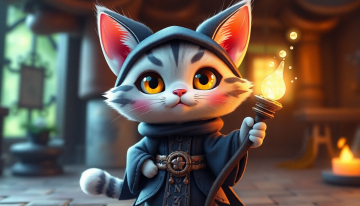 AI generated image of adorable chibi cat humanoid wizard standing proudly