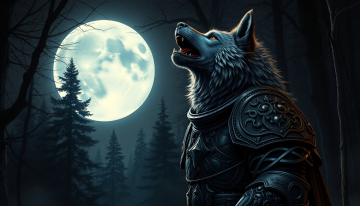 AI generated image of armored werewolf howling at the moon in a dark forest