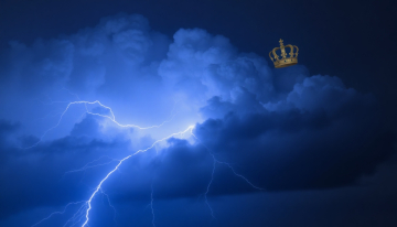 AI generated image of dark gray cloud with blue lightning and with a crown