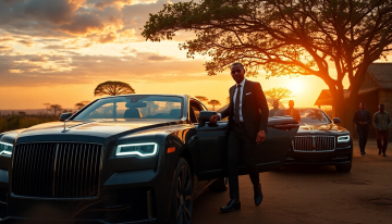 AI generated image of modern luxury cars entering small African village