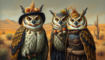 AI generated image of Owls dressed as gothic rural characters in an artistic countryside portrait