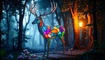 AI generated image of Stylized stained glass deer standing in a realistic enchanted forest