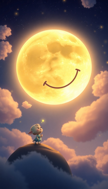 AI generated image of “Tiny glowing star Luna talking to a giant smiling moon in the magical night sky